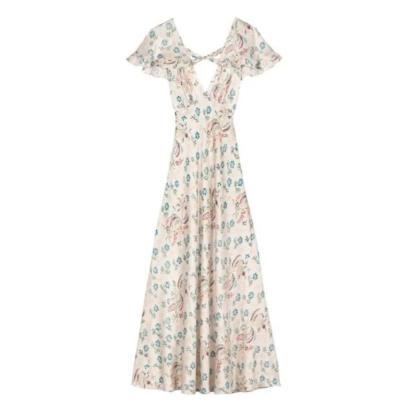Doen_100% Silk Floral Ruffle-Sleeve Midi Dress in Cream - Picture 3 of 8